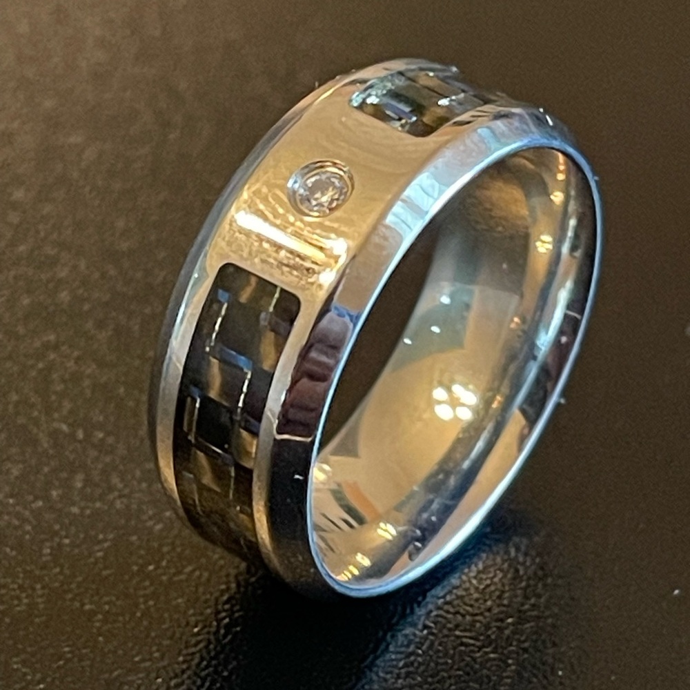 8mm blue carbon fiber silver stainless steel CZ ring